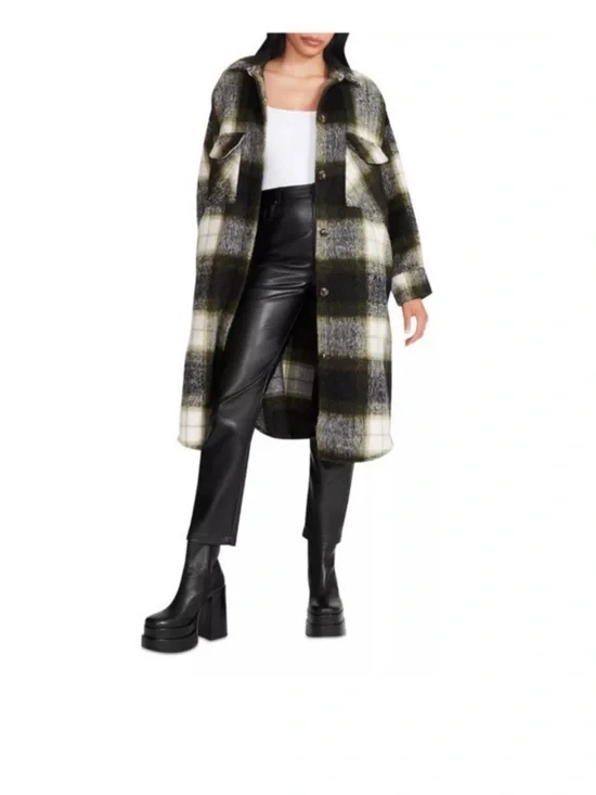 Steve Madden Olive Green Black White Plaid Longline Shacket - Picture 3 of 6
